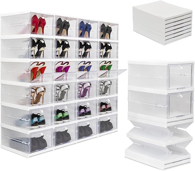 Collapsible Shoe Rack Organizer - 24-Compartment Clear Door Storage Containers - Sturdy, Foldable Shoes, Boots, Sneaker Display Cabinet - Stackable Cube Shelf Organization - US-Based Brand